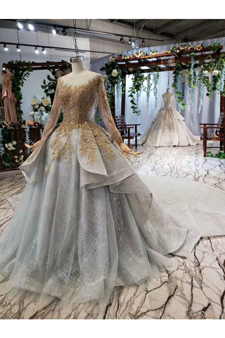 Ball Gown Wedding Dresses Scoop Top Quality Appliques Tulle Beading Long Sleeves