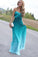 Green A-line Long Real Beauty Peacock Green Strapless Gradient Ombre Chiffon Prom Dresses JS339