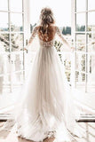 A Line Long Sleeve Deep V Neck Tulle Open Back Lace Appliques Wedding Dresses JS144