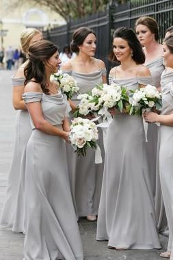 A Line Off the Shoulder Grey Chiffon Cheap Long Prom Dresses Bridesmaid Dresses JS262