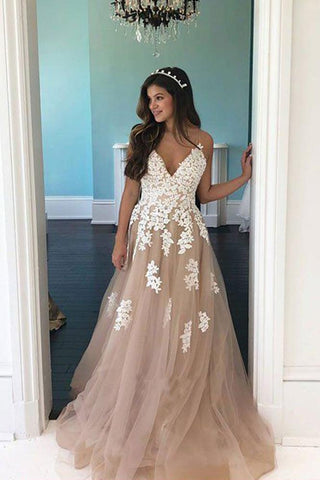 Elegant A Line V Neck Open Back Spaghetti Straps Tulle Prom Dresses with Lace Appliques JS138