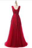 Elegant A Line Tulle Lace Appliques V Neck Backless Beads Red Long Prom Dresses JS41