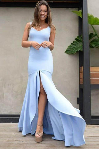 Elegant Mermaid Scoop Backless Blue Satin Sweetheart Slit Prom Dresses with Split JS71