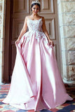 Unique Pink Backless Spaghetti Straps Sweep Train Appliques Long Prom Dresses JS363