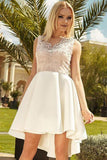 Cute Mini A Line Ivory High Low V Neck Lace Appliques Satin Homecoming Dresses JS994