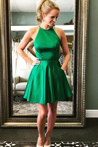 Cute A Line Halter Satin Green Open Back Short Homecoming Dresses with Beads JS951