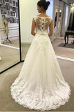 A Line Lace Appliques Tulle Ivory Scoop Long Wedding Dresses Cheap Bridal Dresses JS200