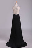Black Scoop Prom Dresses Sheath With Beading And Slit Spandex