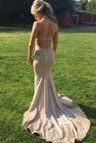 Elegant V Neck Halter Mermaid Appliques Prom Dresses with Beadding, Backless Party Dress SJS15213