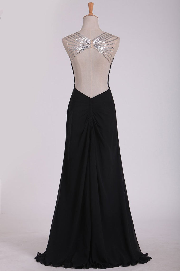 Sexy Open Back Prom Dresses Straps Sheath Chiffon With Beads And Ruffles