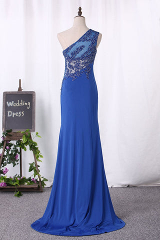 Prom Dresses One Shoulder Mermaid With Applique And Slit Spandex