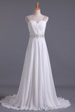 White Wedding Dress Sweetheart A Line Pleated Bodice With Detachable Straps Beaded Chiffon