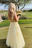 Square Neckline Light Yellow Prom Dress With Lace Appliques