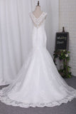 Mermaid V Neck Wedding Dresses Tulle With Applique Chapel Train Detachable