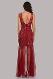 See Through Burgundy Mermaid Bateau Prom Dresses with Beading Tulle Party Dresses SJS15324