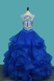 Scoop A Line Tulle Prom Dresses With Applique Floor Length