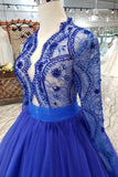 Long Sleeves V Neck Prom Dresses Tulle With Applique A Line Beads