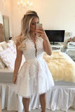 A-line Hot-selling Deep V-Neck White Lace Short Homecoming Dresses JS468