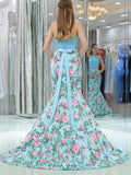Elegant Mermaid Halter Two Pieces Blue Floral Prom Dresses, Beads Evening Dresses SJS15178