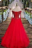 Boat Neck A-Line Red Prom Dresses Tulle Lace Up With Appliques And Bow Knot Beaded Bodice Long Sleeves
