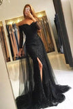 Trumpet Mermaid Long Sleeves Off-The-Shoulder Sweep Brush Train Tulle Lace Evening Dresses