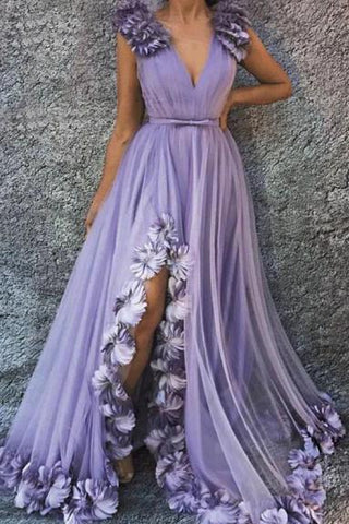 Charming A Line V Neck Long Flowers Rushed Tahiti Prom Dresses With Silt SJS15093