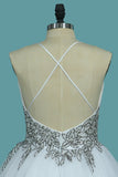 A Line Spaghetti Straps Wedding Dresses Tulle With Beads Open Back
