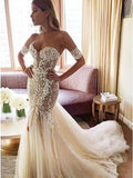 Charming Mermaid Sweetheart Backless Tulle Wedding Dresses with Lace Appliques SJS15111