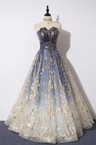Charming Blue Floral Print Tulle Strapless Long A Line Prom Dresses, Dance Dresses SJS15097