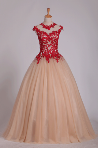 Quinceanera Dresses High Neck Ball Gown Tulle With Applique Sweep Train