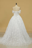 Tulle Off The Shoulder A Line Wedding Dresses With Applique Sweep Train