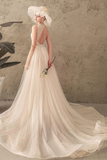 Ivory Jewel Sleeveless Tulle Wedding Dress With Lace A Line Pleats Open Back Bridal SJSPXNMNP57