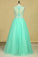 Scoop A Line Tulle Prom Dresses With Applique Floor Length