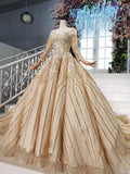 Long Sleeve Ball Gown Beads Lace Appliques Prom Dresses Sequins Quinceanera Dresses SJS15241