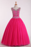 Scoop Ball Gown Flower Girl Dresses Tulle With Beading