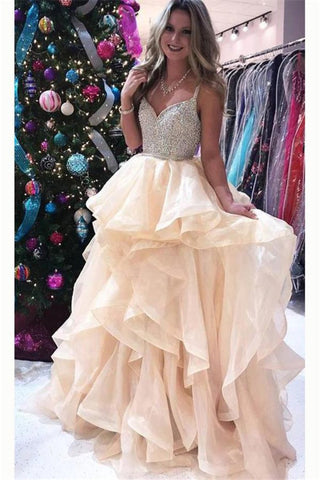 Newest Spaghetti Straps Ball Gown Beading Champagne Princess Prom Dresses Quinceanera Dresses