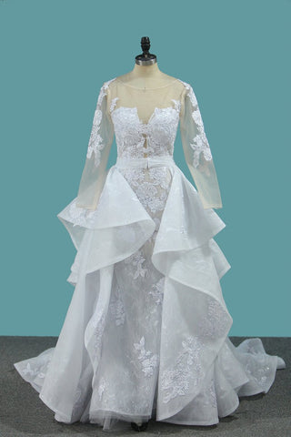 Scoop Long Sleeves Tulle & Lace Mermaid With Applique Chapel Train Detachable Wedding Dresses