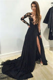 Long Sleeves Prom Dresses With Slit And Applique Tulle