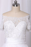 A Line Boat Neck Wedding Dresses Short Sleeves Tulle With Applique Chapel Train