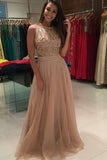 Tulle Prom Dresses A Line Scoop Beaded Bodice Sweep Train