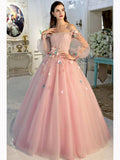 A Line Long Sleeve Ball Gown Off the Shoulder Long Floral Fairy Prom Dresses