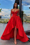 Elegant A Line Red Strapless High Low Prom Dresses with Pockets, Long Party Dresses SJS15148