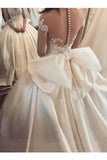 Bow Knot Wedding Dresses V Neck Short Sleeve A Line Satin With Applique Court Train