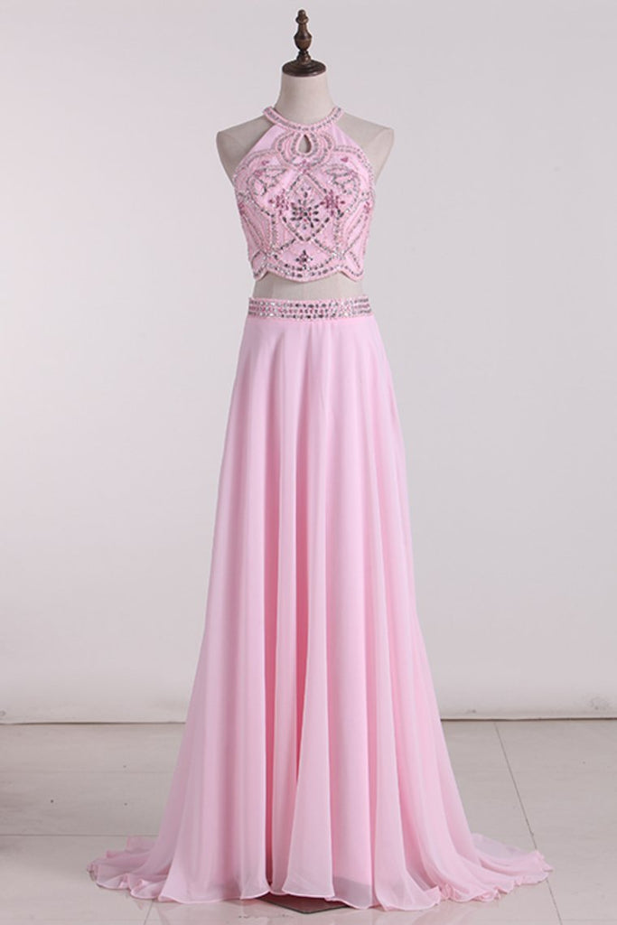 Two-Piece Scoop Prom Dresses Beaded Bodice Chiffon A Line