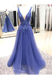 A-Line/Princess V-Neck Sleeveless Floor-Length Applique Tulle Dresses