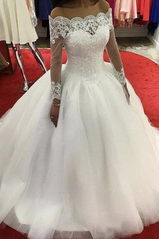 Boat Neck Long Sleeves Wedding Dresses Ball Gown Tulle With Appliques