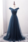 Off The Shoulder A Line Prom Dresses Ruffled Bodice Tulle Sweep Train