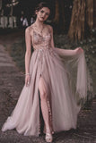 Long Prom Dresses With Slit A Line Tulle Spaghetti Beaded Pink