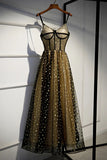 Charming Spaghetti Straps Sweetheart Black Tulle Prom Dresses with Stars, Party Dresses SJS15127