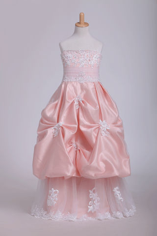 A Line Flower Girl Dresses Strapless With Applique Tulle Floor Length